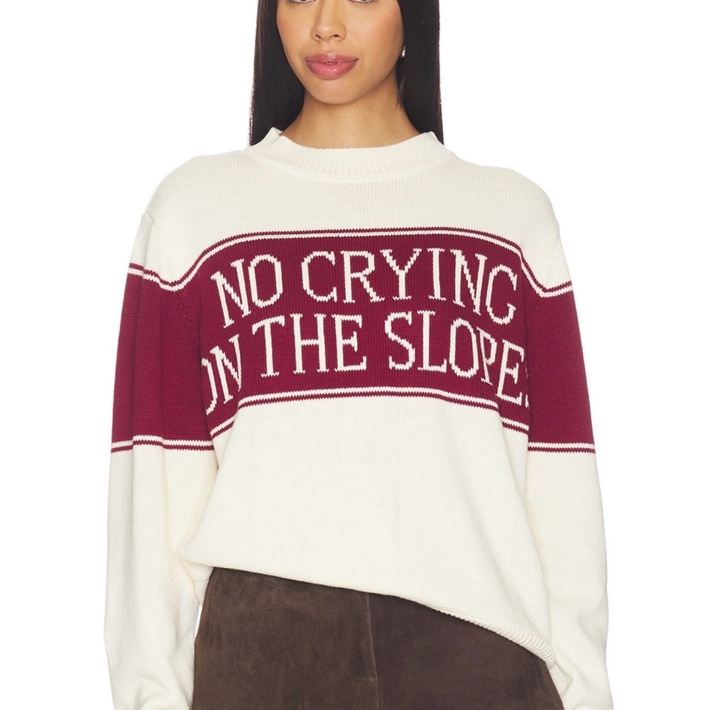 Yellow the label no crying on the slopes Cream and Red Striped Sweater